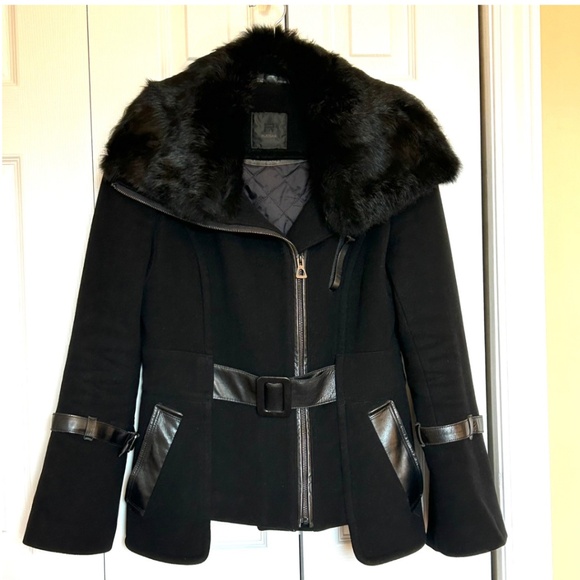 Rudsak Fitted Cropped Wool Jacket Leather Trim Bell Sleeves Black Size S - Picture 2 of 16